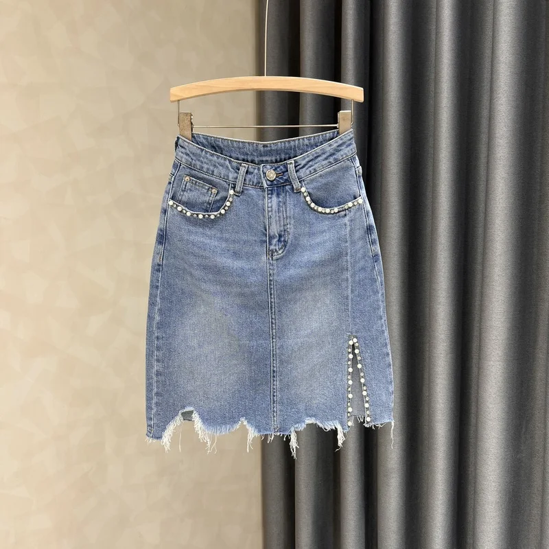 Women Beading Denim Skirt Fashion Irregular Ragged Edge High Waist Wrapped Hip Skirt Summer Large Size Female Short Skirt