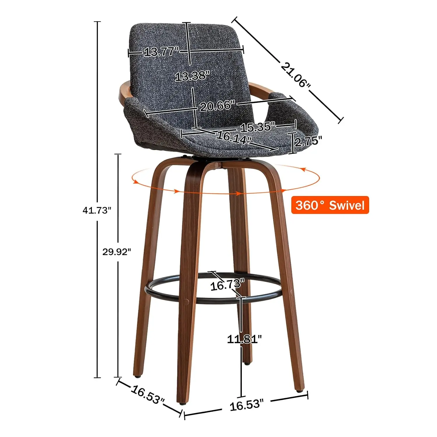 Mid Century Modern Barstool Charcoal Linen Fabric & Walnut Wood Frame Bar Height Chair Home Furniture, Customized