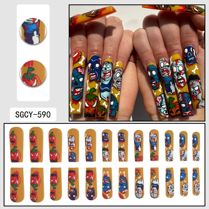24Pcs Halloween Graffiti Pumpkin Press On Nails, Long Square Fake Nails, Reusable Nail Stickers for Holiday Party, With Tools - view 2