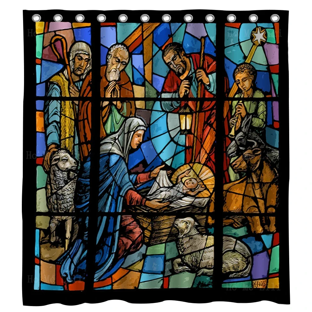 Jesus Christ Is Born Mary Joseph And The Wise Men At The Manger Stained Glass Style Shower Curtain