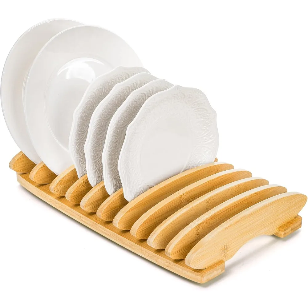 

Bamboo Dish Rack, 10 Slots Wood Plates Stand Organizer for Cabinet, Vertical Dishes Holder for Pot Lids, Cutting Board, Kitchen