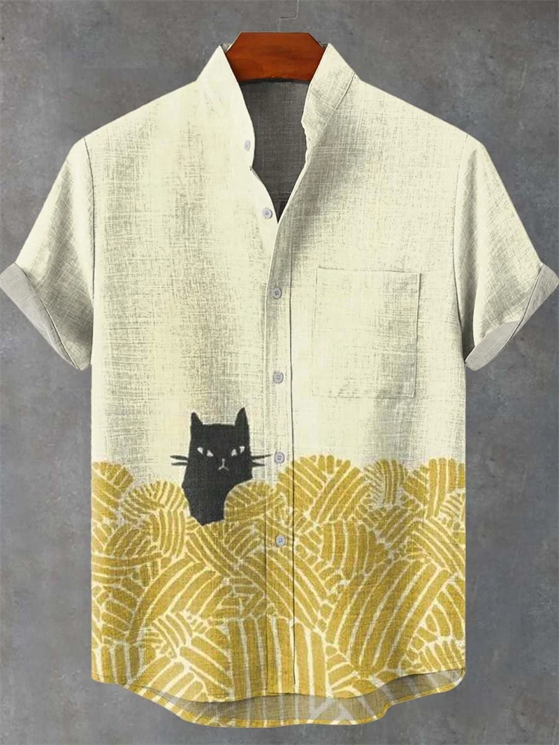 

Новая мужская удобная льняная рубашка с коротким рукавом, модная мужская повседневная модная рубашка в полоску с гитарой