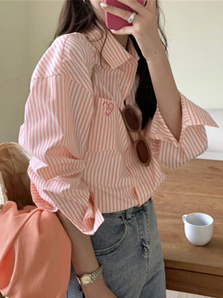 Sweet Pink Striped Shirt Women Summer Single Breasted Shirts Female Korean Fashion Chic Embroidery Casual Office Tops Ladies