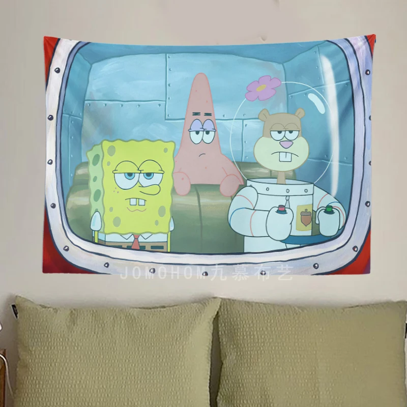 Tapiz de Bob Esponja para decoración de dormitorio, pinturas colgantes de pulpo y hermano, tela para revestimiento de pared