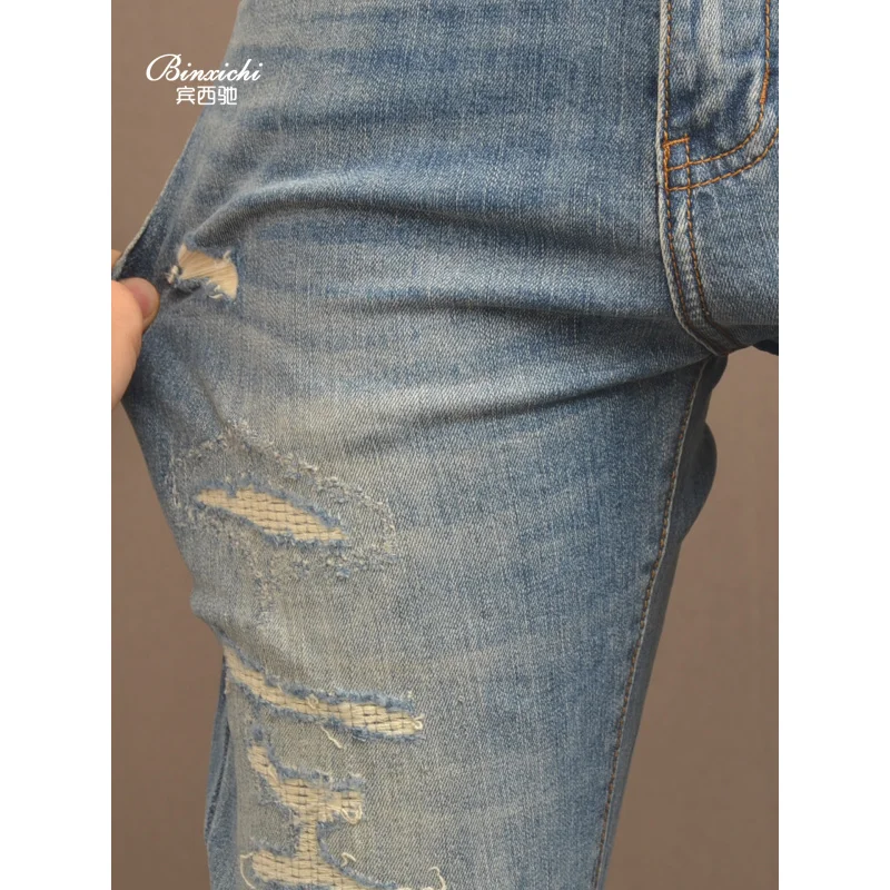 2025 Модные синие рваные джинсы в стиле ретро, мужские эластичные модные уличные классические брюки с маленькими штанинами