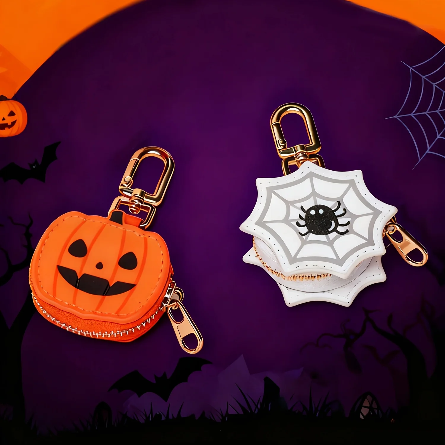 Halloween Pumpkin Mini Coin Purse, PU Leather Zipper Earphone Pouch with Keychain Hook, Jack‑o‑lantern Bag Charm Holiday Gift