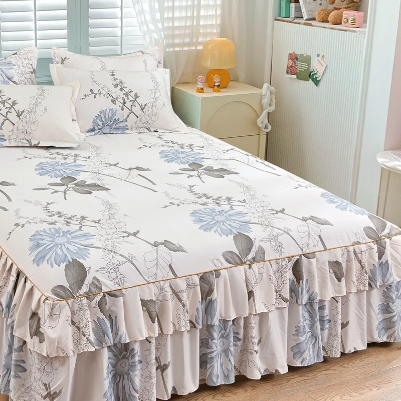 3pcs Plants Florals Bed Skirt Set Light Color Series Bed Cover for Girls Kids Bedroom Decoration Double Queen Bedding Bedspread