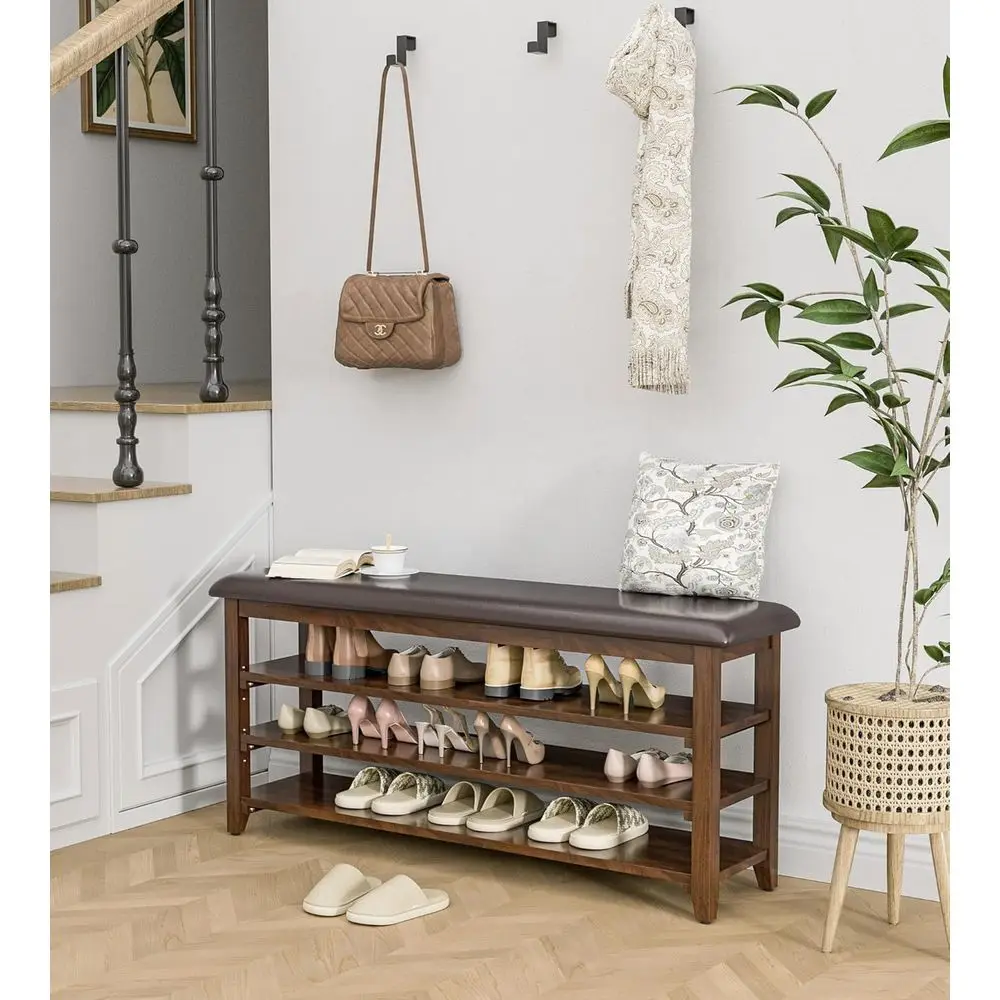 Rustic 3-Tier Adjustable Height Wood Shoe Bench with Leather Cushion, Brown, 47.2 for Hallway & Mudroom Storage