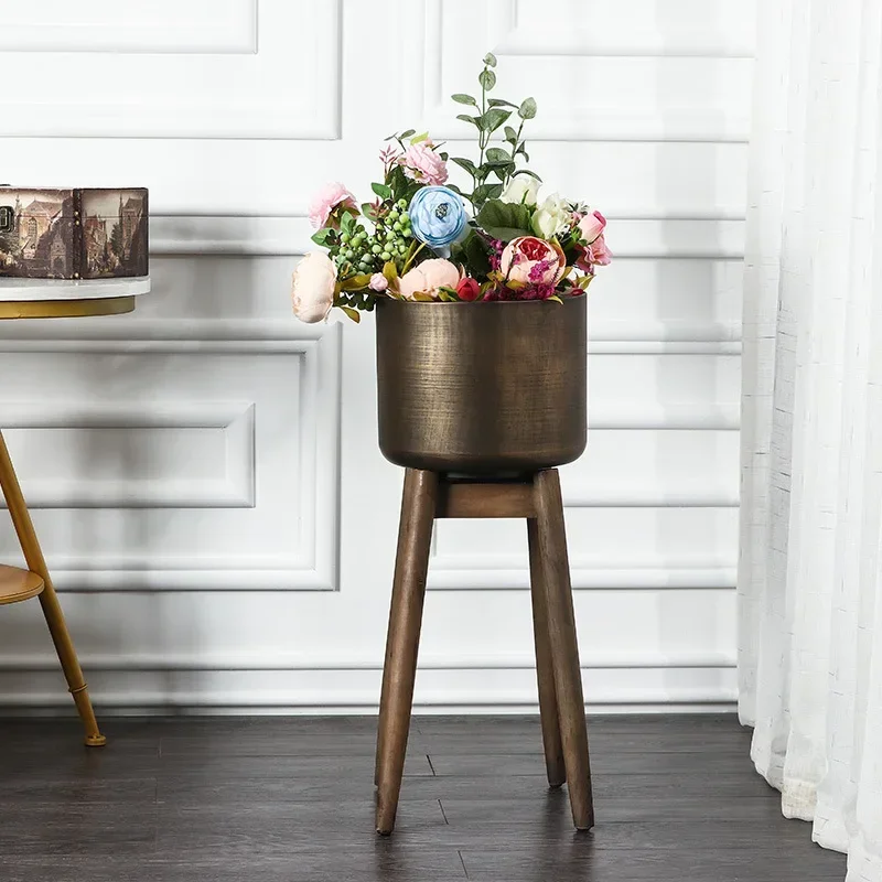 Industrial Style Plant Stand Wooden Base Detachable Iron Flower Basket Modern Home Office Decor Creative Desktop Display