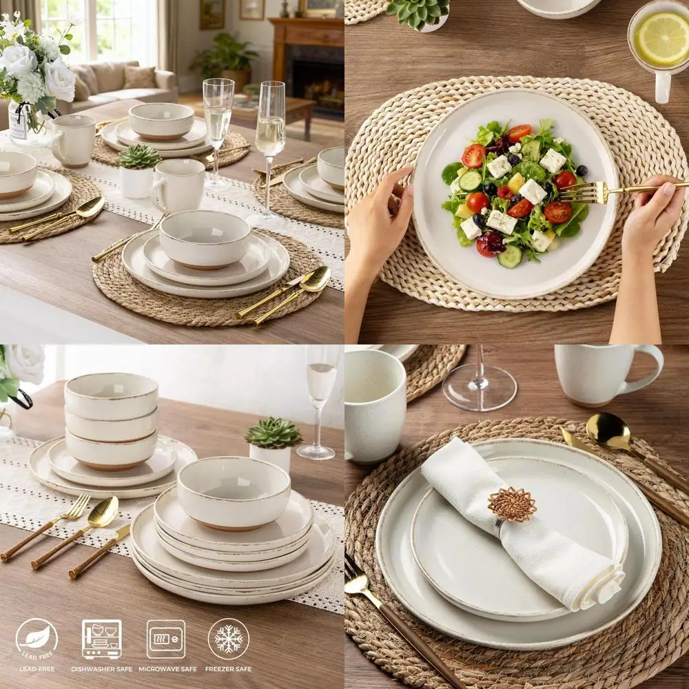 

Handcrafted 12-Piece Dinnerware Set for 4, Rustic Terracotta Stoneware Plates & Bowls, Dishwasher and Microwave Safe Beige