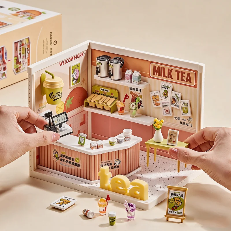 diy-手作りミルクティーストアライト付きアイスクリームミニチュアシーン小屋子供のおもちゃギフト家具組立モデル装飾