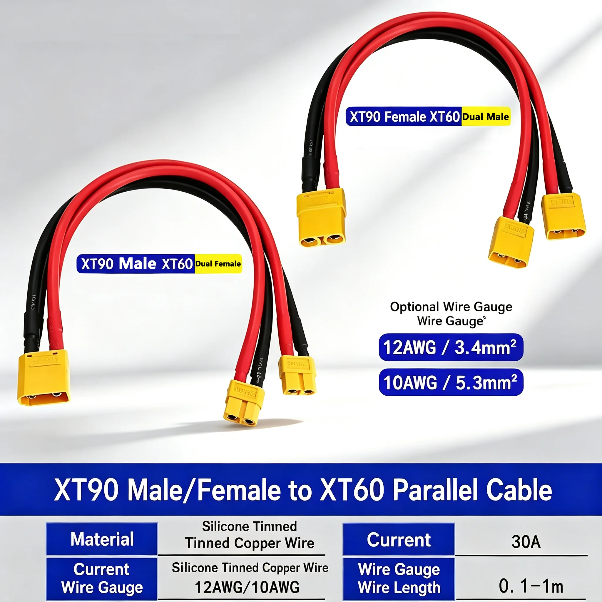 5.3mm² High Current XT90 to XT60 Y‑Cable 1‑to‑2 Parallel Wire, RC Lipo Battery Connector Cable for Drone, Car, Boat ESC