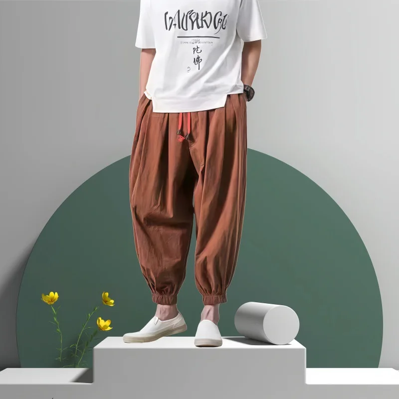 

Cotton Linen Harem Pants Men's Solid Color Elastic Waist Street Wear Jogging Trousers2025 New Male Loose Casual Trousers