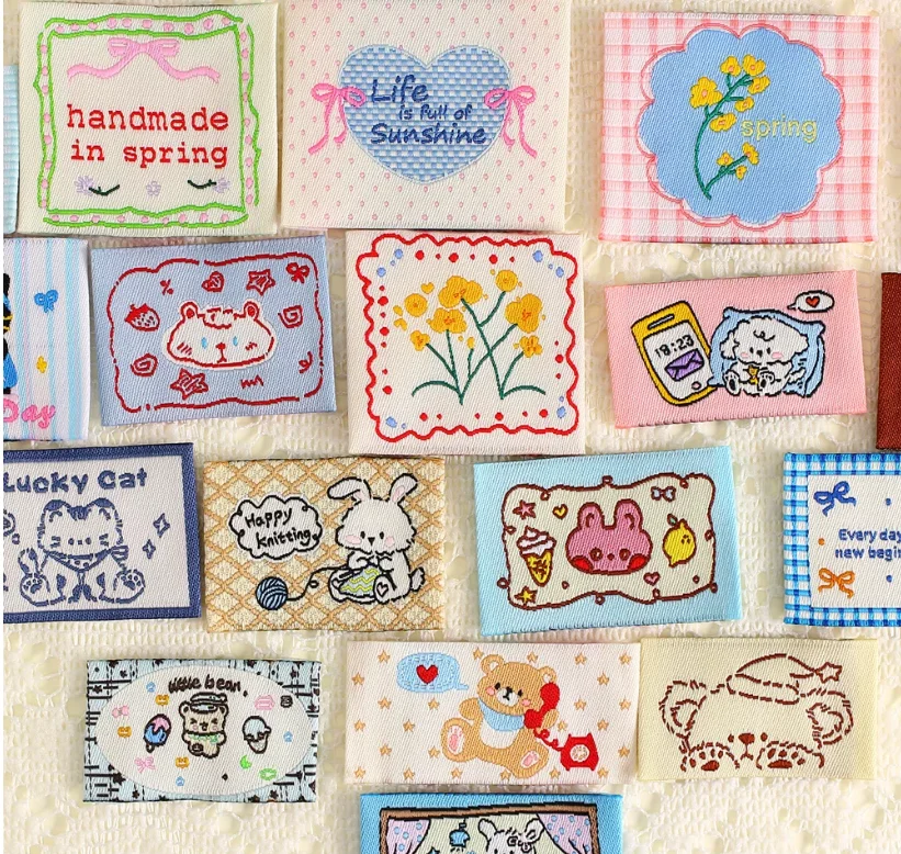 Korean-Style DIY Hand-Made Woven Label Fabric Cartoon Animal Plant Flower Embroidery Tags New Fashion Home Textile Label