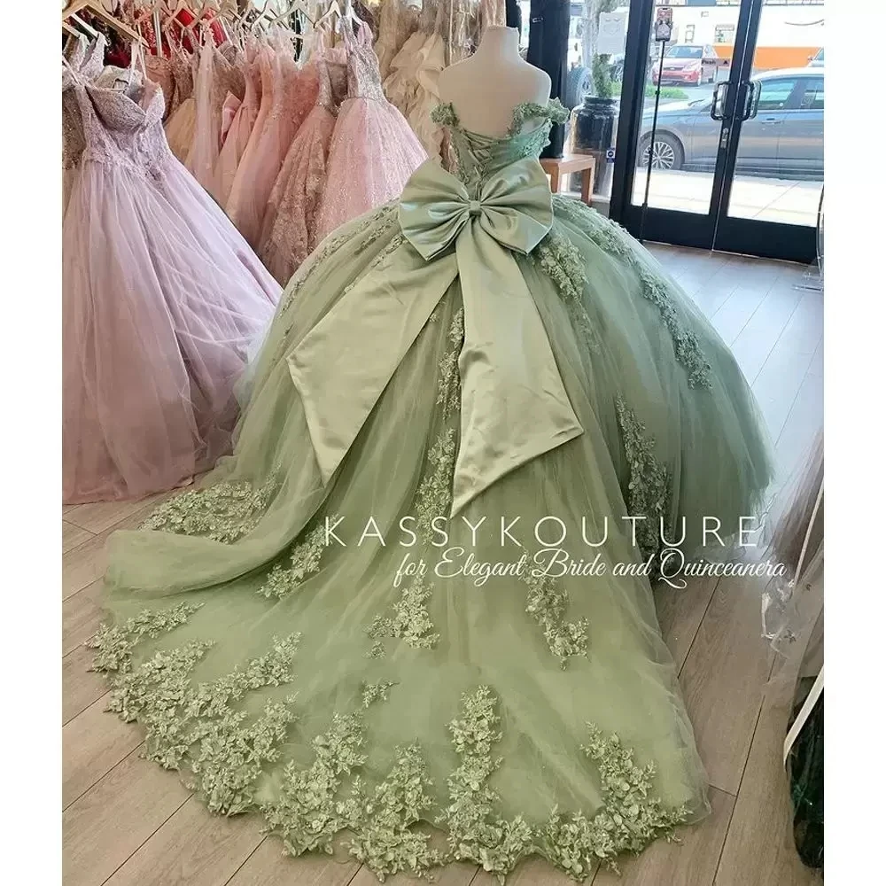 ANGELSBRIDEP Green Quinceanera Dresses Off Shoulder Floral Appliques Lace Bow Back Corset For Sweet 15 Girls Party Gowns