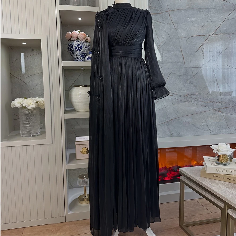 

Вечерние платья трапециевидной формы по индивидуальному заказу, длиной до пола, с высоким воротником и длинными рукавами, платье для выпускного вечера, модные цветы, простое палантин, драпированное вечернее платье