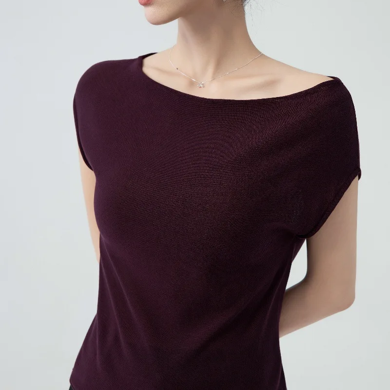 

Minimalist Boat Neck Stretch Knit Top Slim Fit Cap Sleeve Solid Color Tee Office Casual Basic Top Workwear Blouse