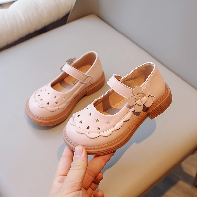 Young Children Leather Shoes Hollow Simple Pink Versatile Girls Casual Shoes Breatheable 2023 New PU Kids Fashion Shallow Loafer