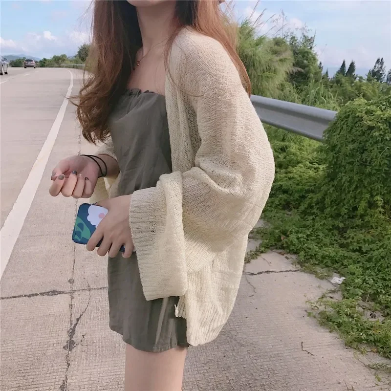 Autumn Women's Korean College Style Lazy Loose Sunscreen Cardigan Summer Sexy Knitting Cardigan Average Size