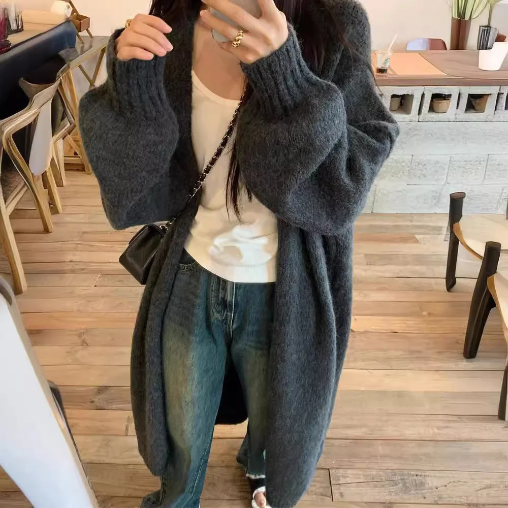 

Mid-Long Cardigans Shoujo Womens Summer V-Neck Hollow-Out Kintted Tight Oversize Loose-Fit Ultra Snaps OL Splice Material Tender