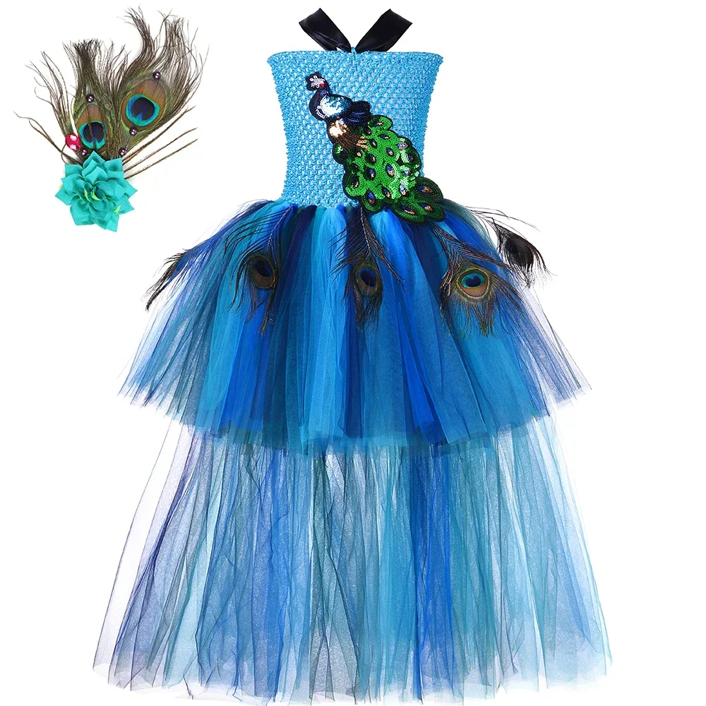 Flower Feathers Princess Peacock Costume for Girls Birthday Party Tutu Dress High Low Blue Kids Tulle Dresses Pageant Ball Gown