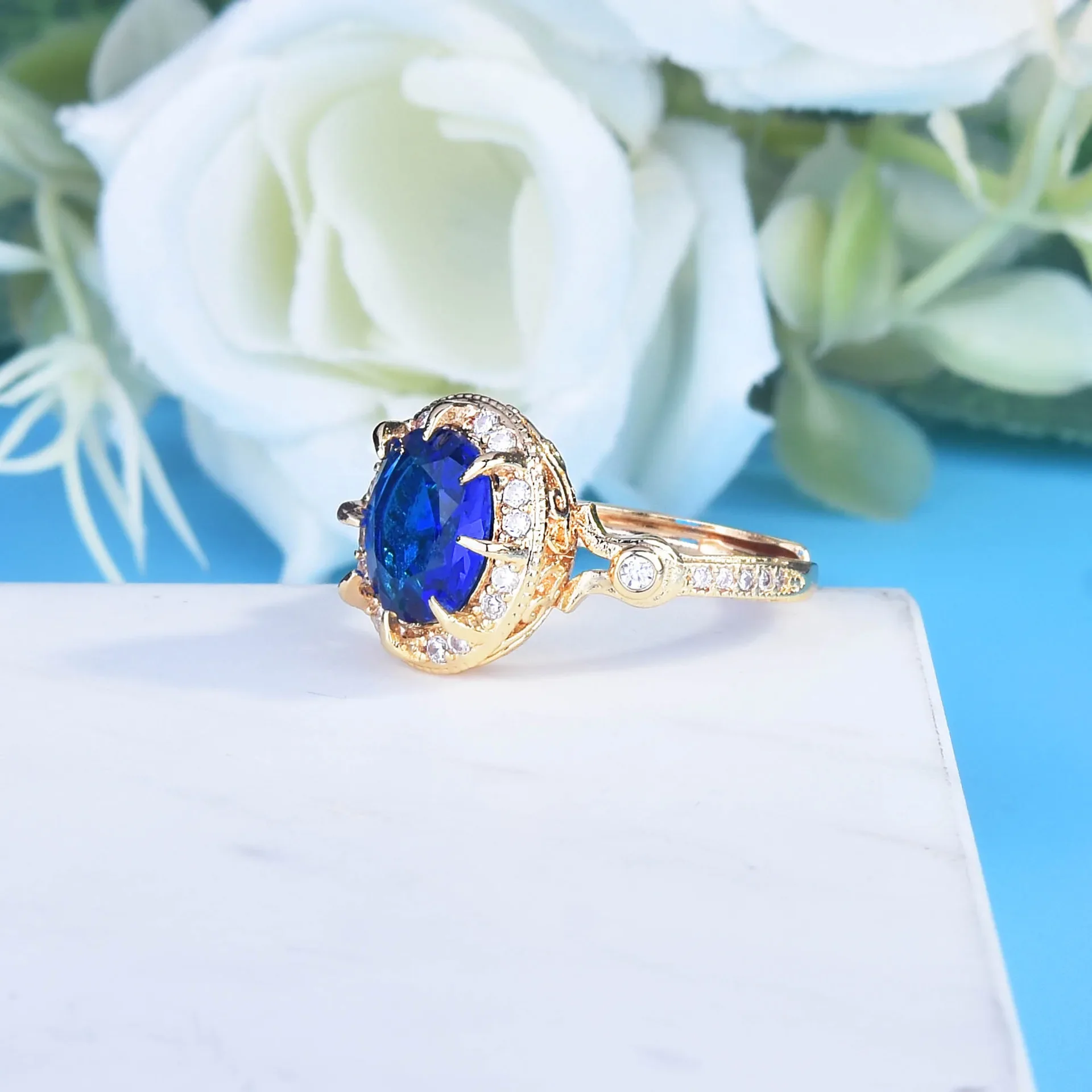 Luxury Brand 18K Gold Wedding Ring for Women 2 Carats AAA+ Blue Sapphire Ring Fashion Jewelry Origin Silver 925 Jewelry Anel Box