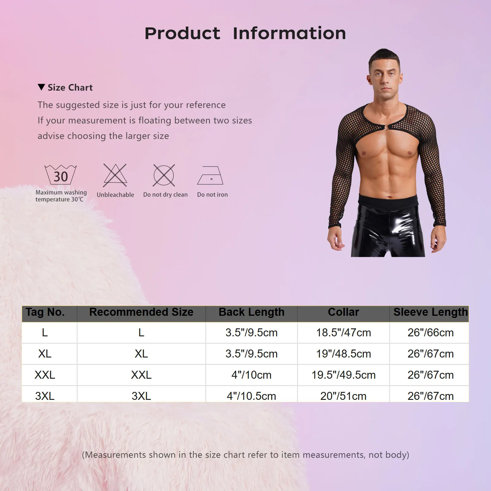 Mens Hollow Out Fishnet Festival Crop Top See-through Cover Ups O Ring Round Neck Long Sleeve T-shirt Tops Front with O Ring