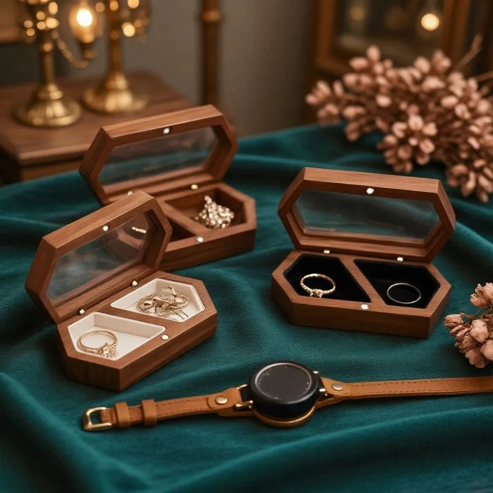 

Fashion Velvet Mini Wood Rings Box Luxury Necklace Earrings Rings Bearer Box Dust-proof Square Rings Display Case Gifts