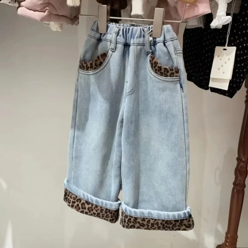 

Джинсы с леопардовым принтом для девочек, зимние новые утепленные цельные флисовые теплые прямые брюки для девочек, зимняя одежда для малышей, брюки