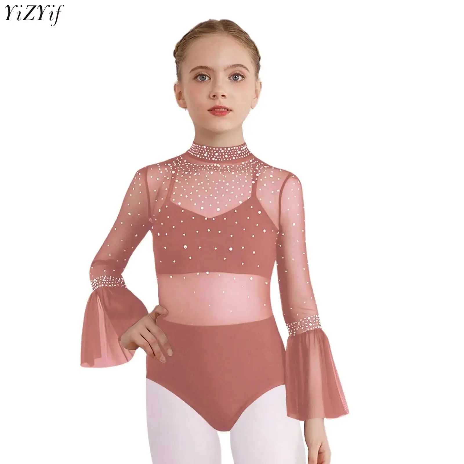 

Kids Girls Ballet Dance Leotard Gymnastics Figure Skating Dancewear Flare Sleeve Sheer Mesh Patchwork Shiny Rhinestone Bodysuit