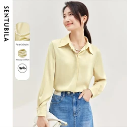 SENTUBILA Office Lady Chiffon Shirts Women 2026 Spring Long Sleeve Button Down Elegant Pearl Chain Woman's Top 143V56771X