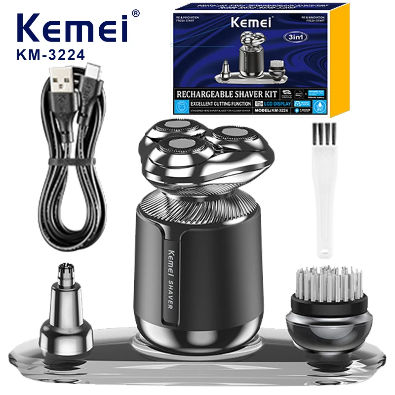 Kemei-afeitadora de cabeza para hombre calvo, máquina de afeitar eléctrica 3 en 1 con cabezal desmontable húmedo/Seco, Kit de aseo