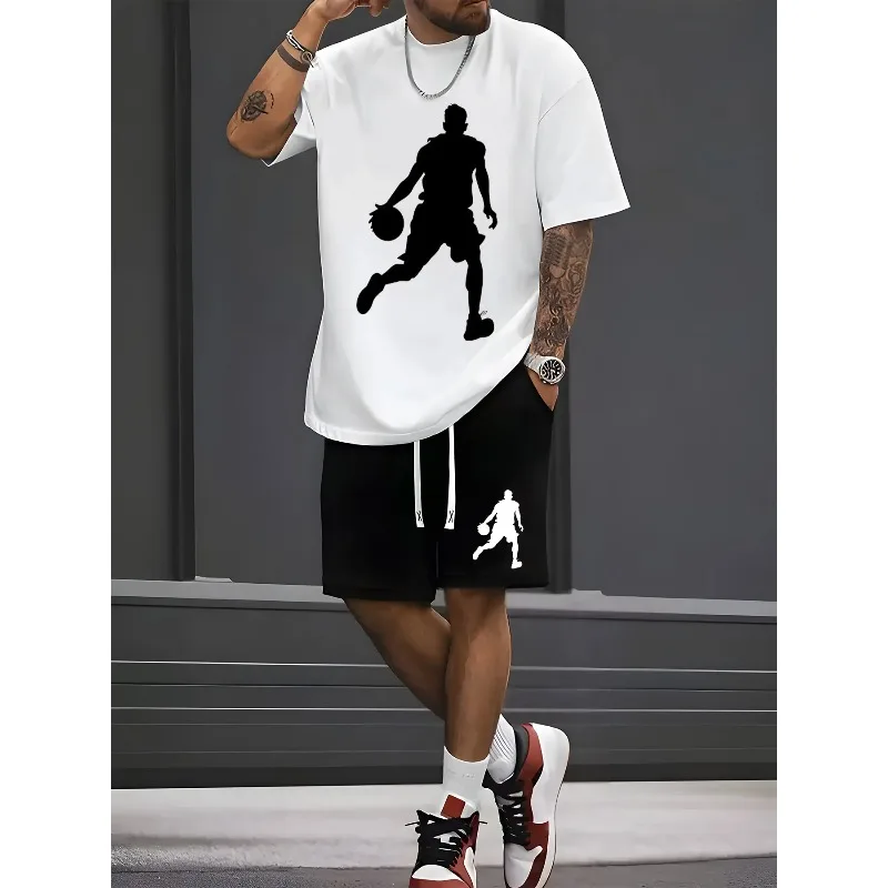 

Summer Men's Fashionable Breathable Comfort Set Basketball Player Print Crew Neck T-Shirt and Shorts Set Outdoor Casual Top
