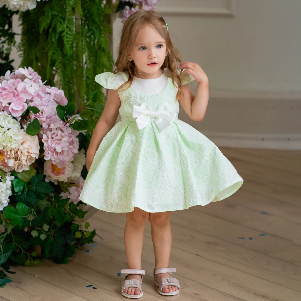 Robe de princesse à manches volantes avec nœud rose pour fille, tenue pour bébé d'un an, nouvelle collection