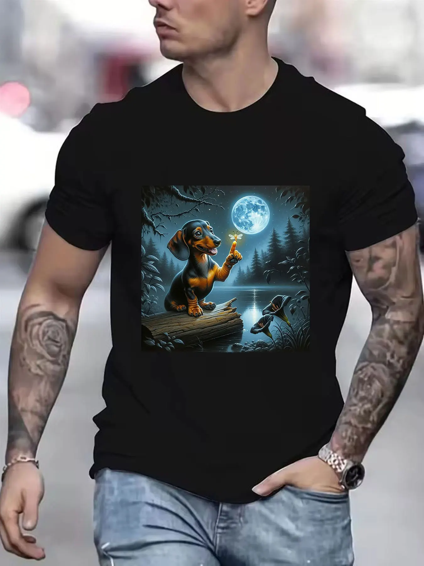 Men's 100% Cotton Crew Neck T-Shirt, Cute Dachshund with Firefly Print, Night Lake Moonlight Forest Graphic Tee, Casual Breathab