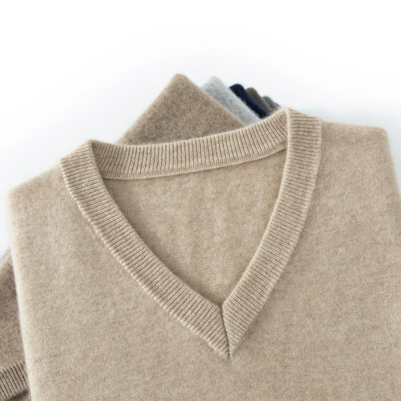 Autumn/Winter New Men's 100% Cashmere Pullover Business Casual Solid Knitted Sweater Loose V-neck Tops Basic Thick Warm Jumper