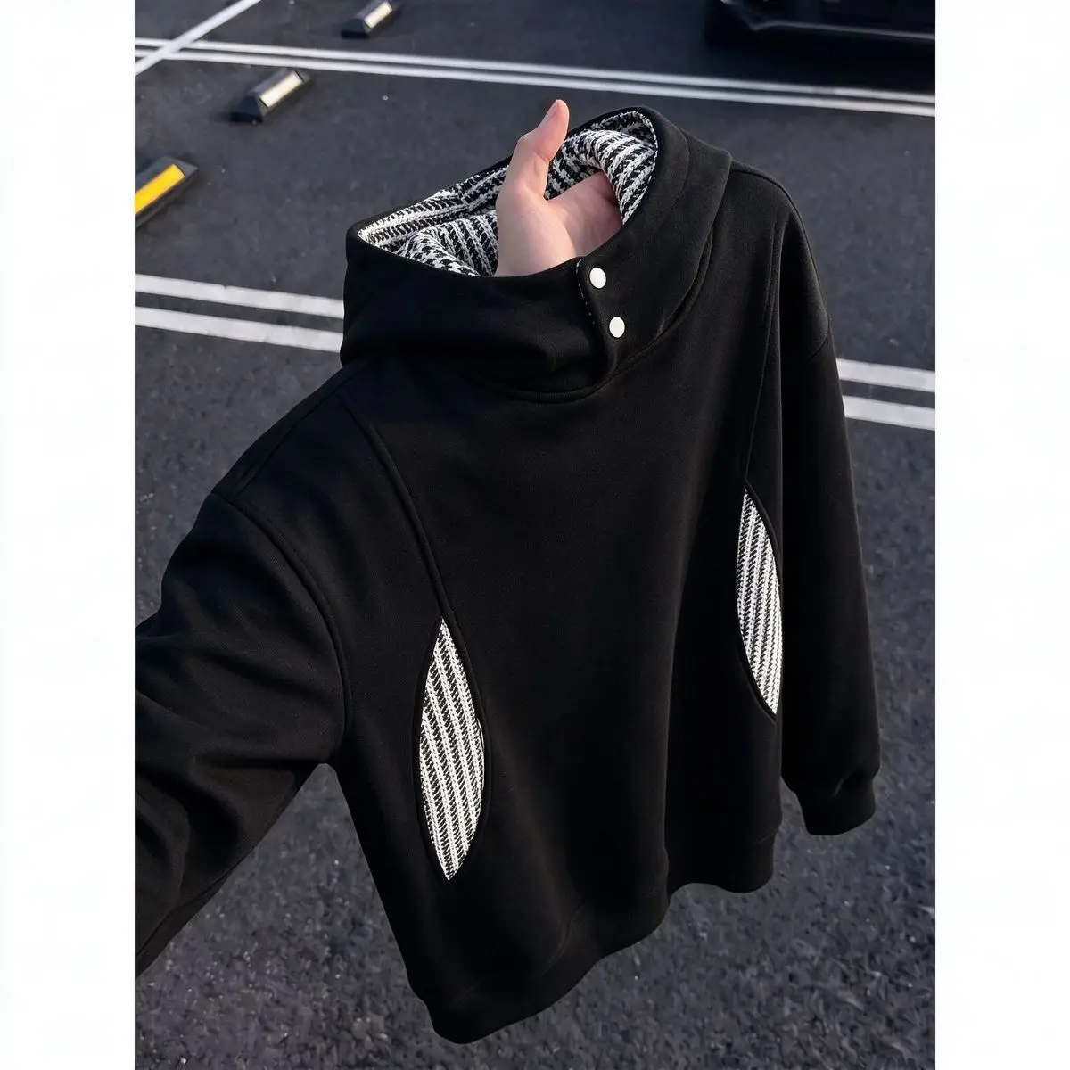 White Flower Gray Stand-up Collar Hooded Sweater Men's 2026 Autumn Winter Design Hoodie High-end Large-size Splicing Jacket