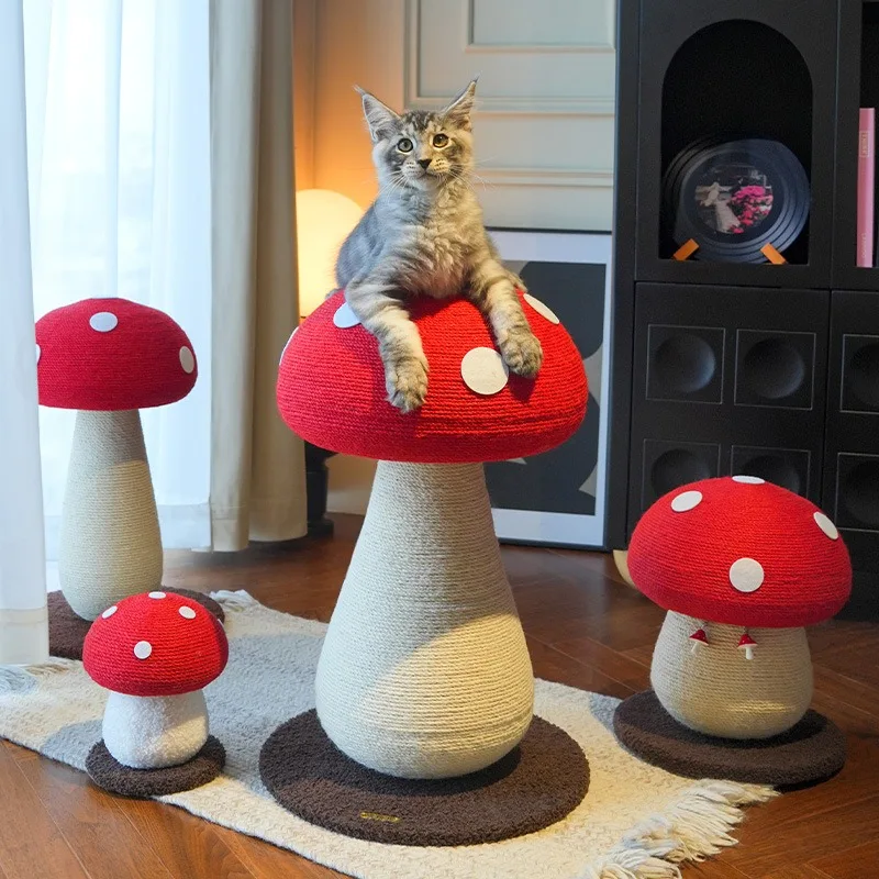 Pilzförmiger Katzenkratzbaum, vertikaler Sisal-Katzenbaum mit Hängeball, Kratzspielzeug für Katzen im Innenbereich.