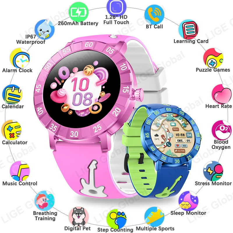 

LIGE New Kids Smartwatch Learning Card Sports Tracker BT Call Child Smart Watch IP67 Waterproof Watches Gift For IOS Android New