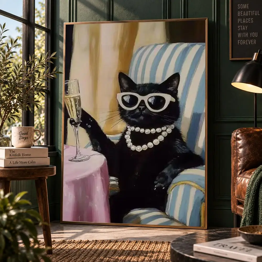Chic Black Cat Poster Glamorous Funny Feline Wall Art Quirky Sassy Cat Print Home Decor Poster HD