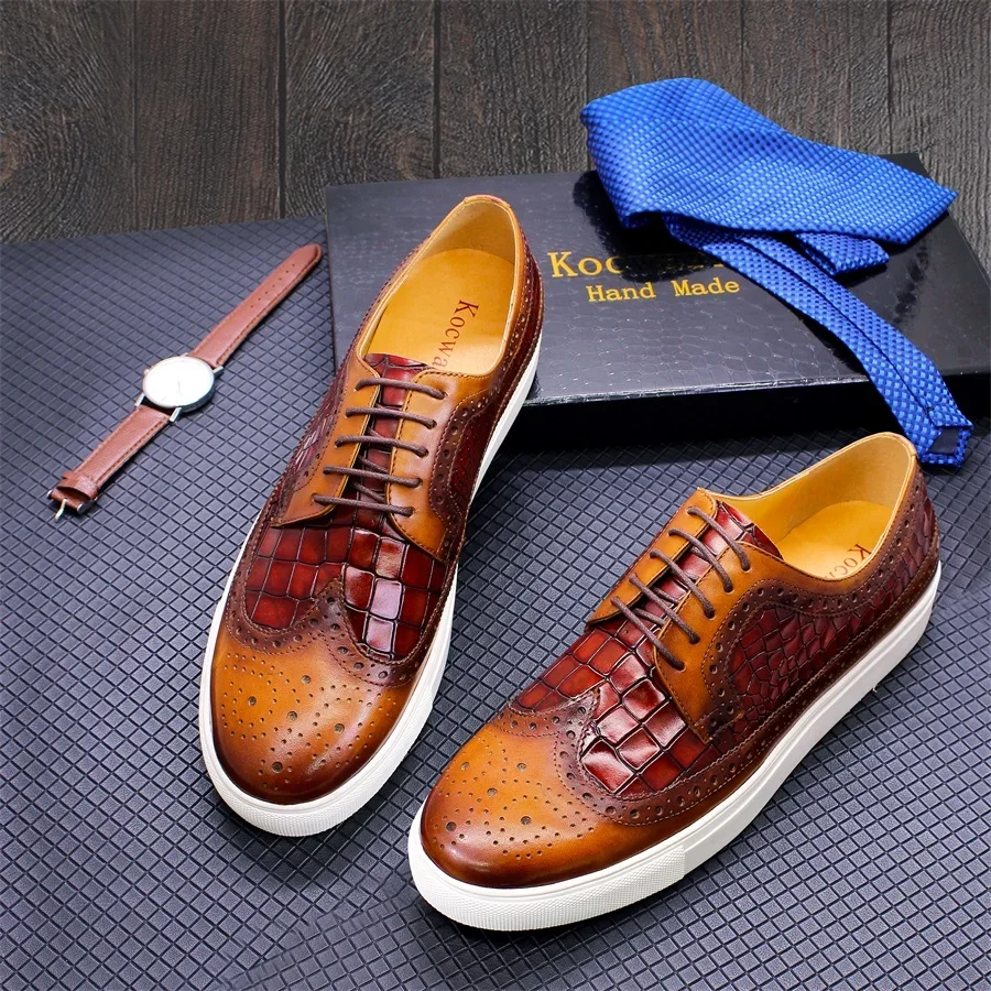 Genuine Leather Flat Sneakers Comfortable Handmade Mens Casual Shoes Brogue Wingtip Crocodile Print Non-slip Derby Shoes for Men