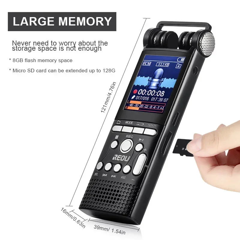 Professional Voice Activated Digital Audio Recorder 8GB/16GB/32GB Usb Non-stop 100hr Recording Pcm 1536kbps External Microphone