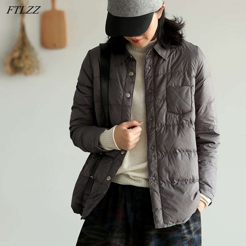 FTLZZ New Autumn Winter Women Turn Down Collar Down Coat Ultra Light 90% White Duck Down Jacket Single Breasted Windproof Parkas