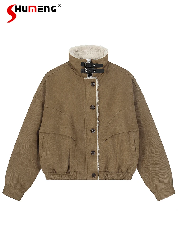 

Fashion Lamb Wool Stand Collar Thickened Parkas Men Women 2025 Winter New Loose Comfort Warm Versatile Parkas Outerwear Coats