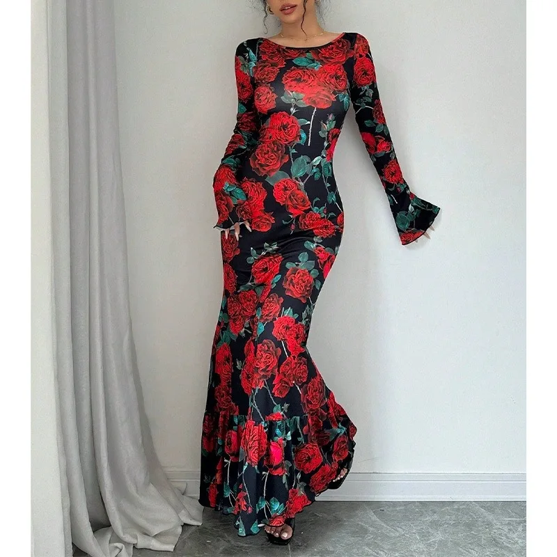 Frühlings-Neuheit Europäischer & Amerikanischer Stil Rundhals Elegantes Figurbetontes Maxikleid, Rosen-Blumendruck Trompetenärmel Bodycon-Kleid