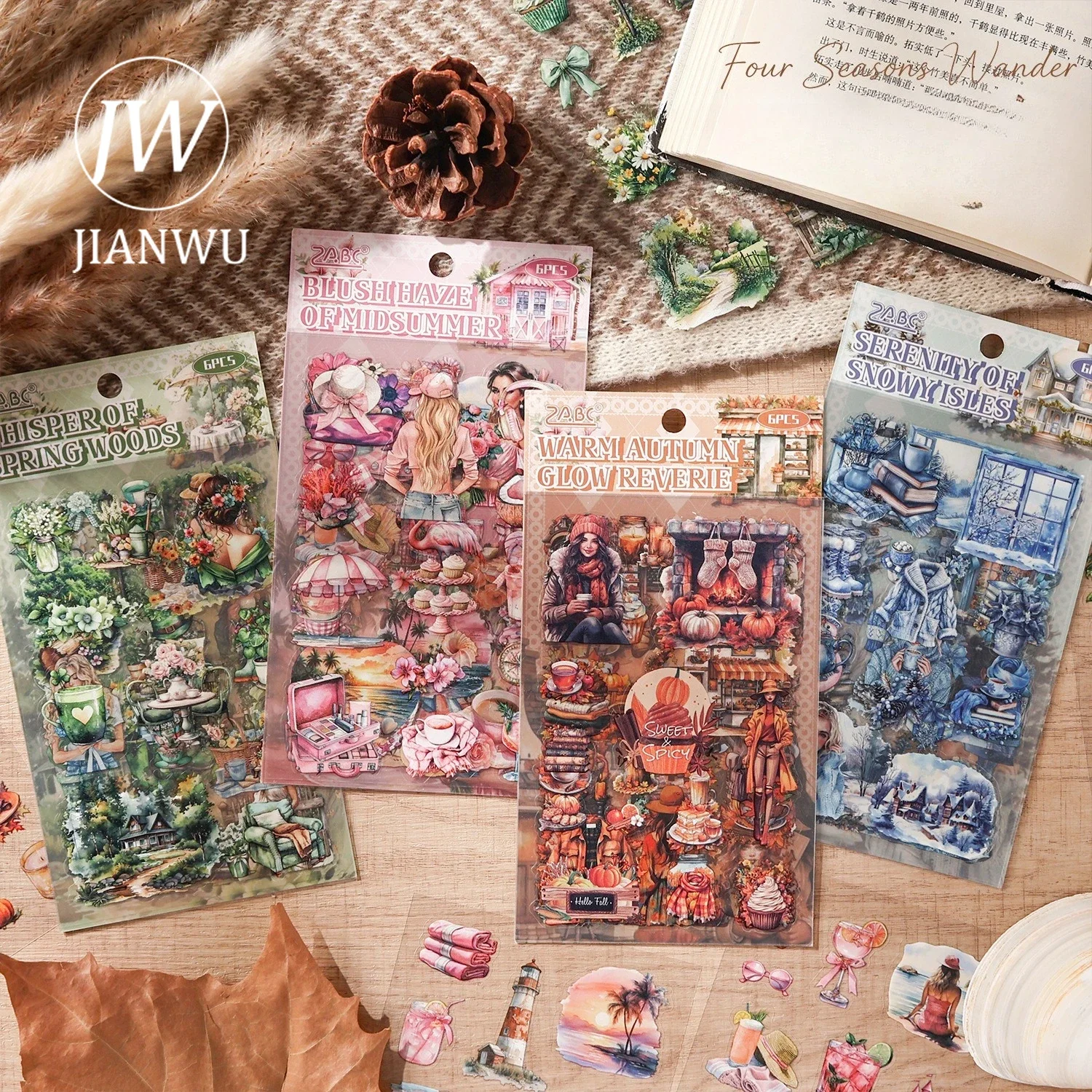 JIANWU Vintage Season Flower Character Landscape Material Collage Scrapbooking PET Sticker Creative DIY Journal Stationery