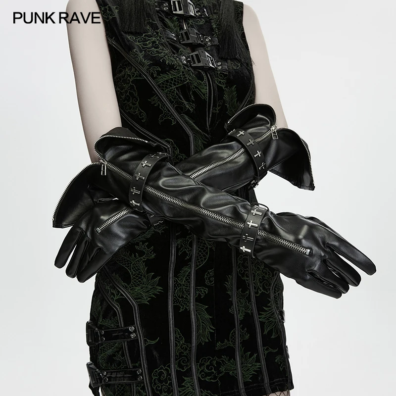PUNK RAVE Women's Gothic Cross Studded Zipper Long Arm Gloves Tightness Adjustment Party Club Dark Arm Accessories