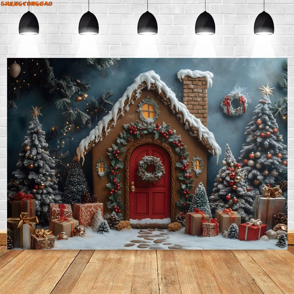 Snowy Gingerbread House การถ่ายภาพพื้นหลังฤดูหนาว Xmas Tree หิมะสีขาว Holiday Decor ฉากหลังเด็ก Portrait Photobooth Props