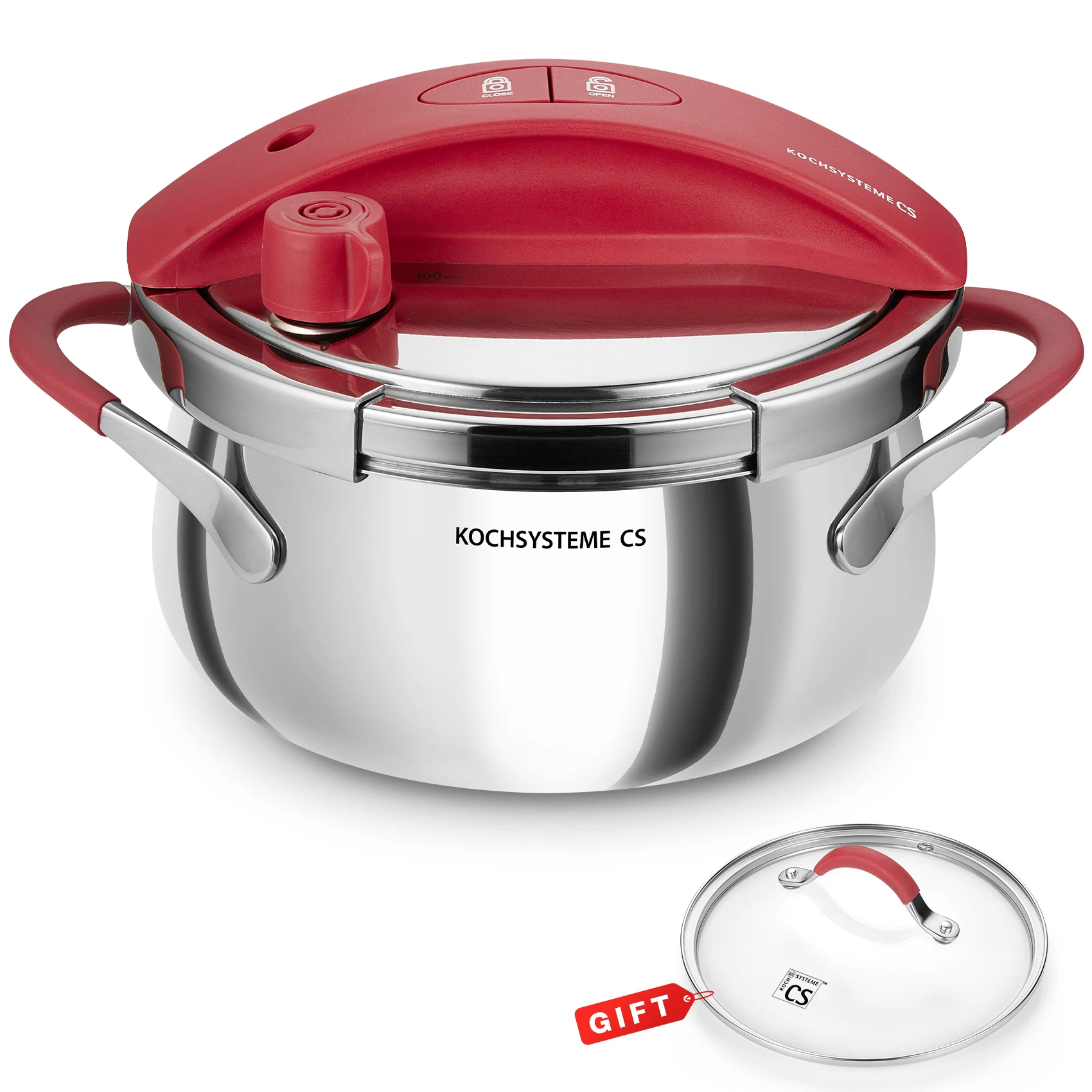 

KOCH SYSTEME CS Pressure Cooker Stainless Steel 3 Litre, 2-in-1 Stainless Steel Pressure Cooker, One-Hand Locking, 3 PSI Settings, Induction Compatible, Includes Glass Lid