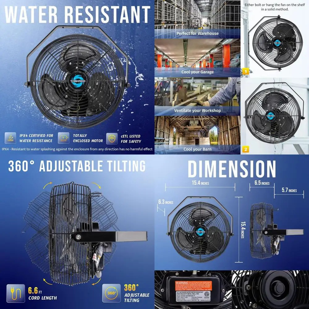 

Уличный металлический настенный вентилятор IPX4 (12 дюймов) - 3 скорости, кабель 2 м, для коммерческого/промышленного/бытового использования
